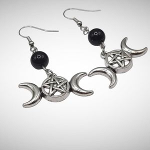 Triple moon goddess earrings, pentagram earrings, wiccan earrings, pagan earring